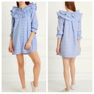 Hill House The Colette Dress in Blue Jacquard Check Ruffle cotton